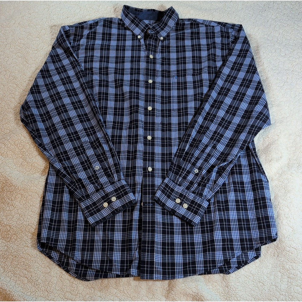 IZOD Premium Essentials Mens XL Plaid Button Down Shirt Blue Navy White L/S